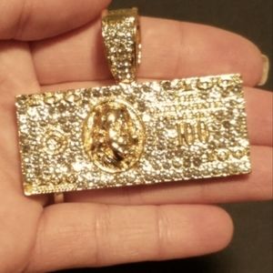 NWT Large Gold Enamel Bling Benjamin Franklin $100 Bill Pendant!
